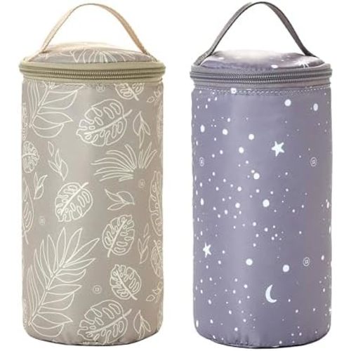TWELVElittle Insulated Bottle Pouch, Portable Baby Bottle Practical Cooler Bag, Portable Travel Bottle Warmer for On-The-Go Convenience, Breastmilk Storage Bag, 2-Pack, Star & Leaf Print, AC131ST+LE