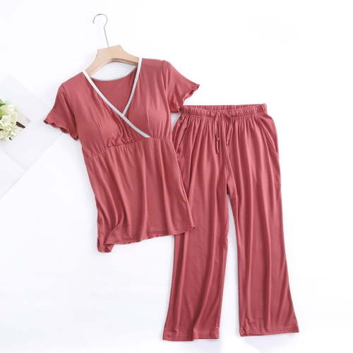 Joau Women's Postpartum Nursing Pajamas Set 2 Piece Maternity Outfits Short Sleeve V Neck Top & Cropped Pants Breastfeeding Pjs Sleepwear Pregnancy Loungewear Sets