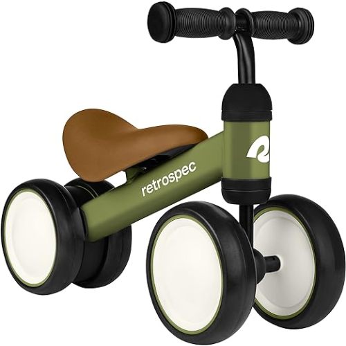 Retrospec Cricket Baby Walker Balance Bike with 4 Wheels for Ages 12-24 Months - Toddler Bicycle Toy for 1 Year Old’s - Ride On Toys for Boys & Girls - Olive Drab