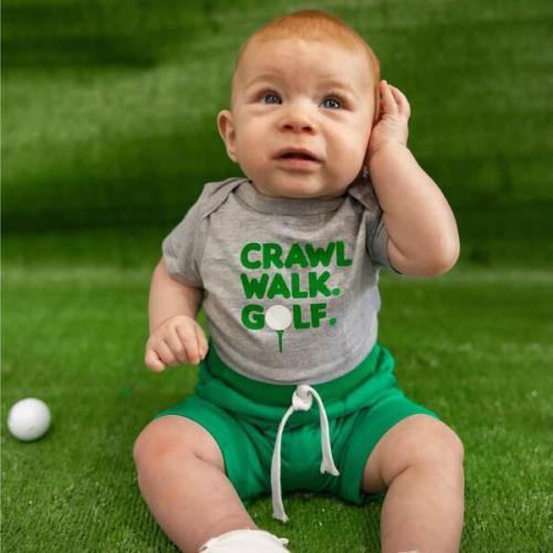 3-6m Crawl, Walk, Golf Short Sleeve Bodysuit, Grey - Sweet Wink | Maisonette