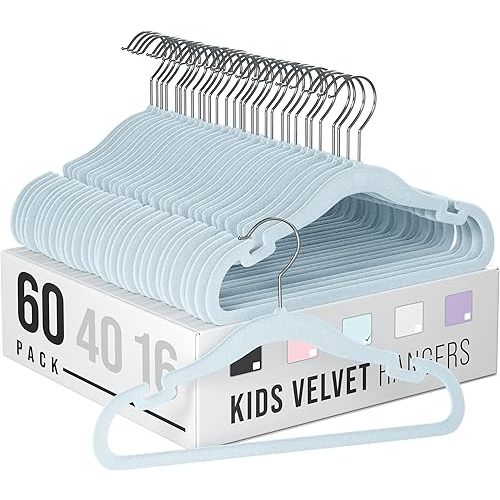 Velvet Baby Hangers for Clothes - Heavy Duty Non Slip Velvet Kids Hangers Or Toddler Hangers for Closet | Ultra Thin Design Kid Hangers for Space Saving - Ganchos De Ropa para Bebe (60 Pack Blue)