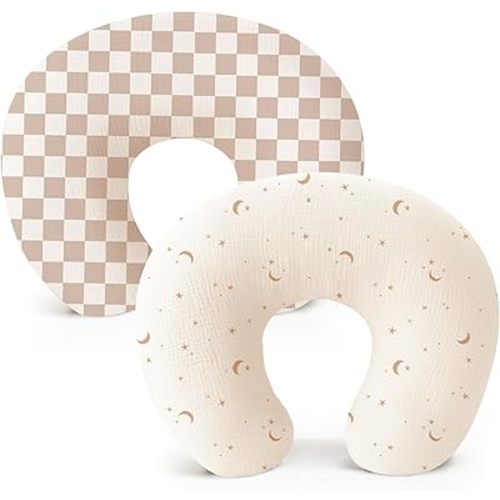 Konssy 2-Pack Muslin Nursing Pillow Covers, Soft & Adorable Nursing Covers for Breastfeeding Pillows, Slipcovers for Newborn Boys & Girls(Coffee Check,Moon)