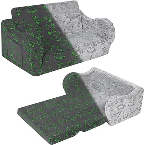 Kids Extra Wide Glow in The Dark Chairs for Toddler, 2-in-1 Toddler Soft Sherpa Couch Fold Out, Convertible Sofa to Lounger for Girls and Boys, Dark Grey