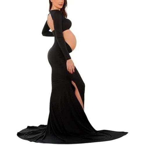 Bhome Maternity Dress for Photoshoot Cut-Out Backless Side Split Maternity Maxi Gown for Photoshoot