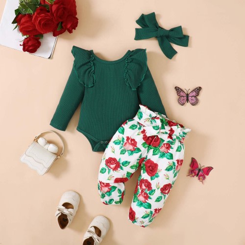 Kayannuo Baby Girl Clothes Long Sleeve Fall Winter Clearance Newborn Baby Girl Clothes Infant Outfits Ruffle Sleeve Romper Bodysuit Floral Pants Toddler Girl Outfits