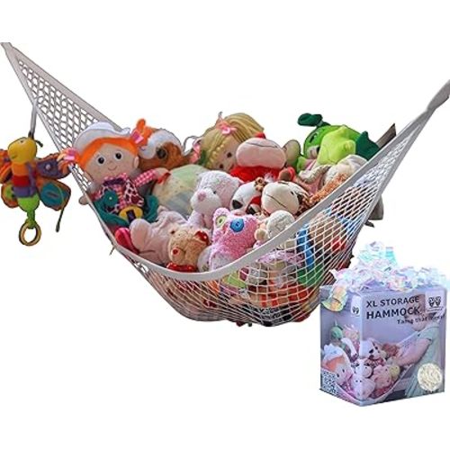 MiniOwls Toy Hammock Stuffed Toys Organizer - Ideal Nursery Decor for Kids. Helps to de-clutter spaces. Strong and Durable Storage (White, X-Large)