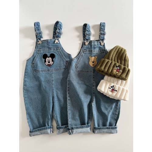 Toddler Disney Mickey and Pooh Face Embroidery Kangaroo Pocket Denim Overalls (2-7y) -2 Colors | AT NOON STORE