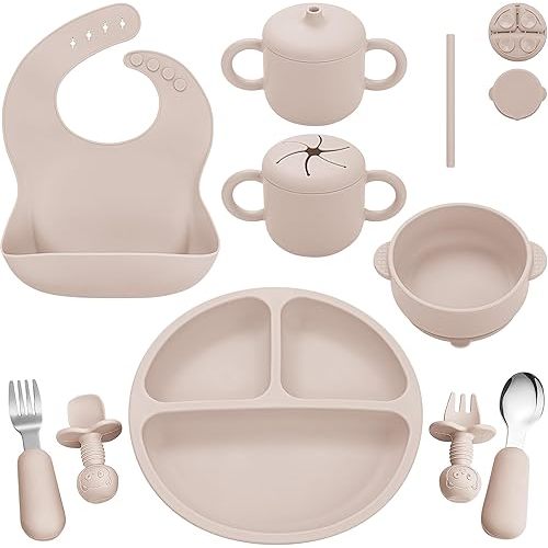 Silicone Baby Feeding Set, Baby Led Weaning Supplies, Eating Essentials Utensils with Suction Plate and Bowl, Pocket Bib, Sippy Cup with Lid, Forks Spoons Snack Container, for 6+ Months, Beige