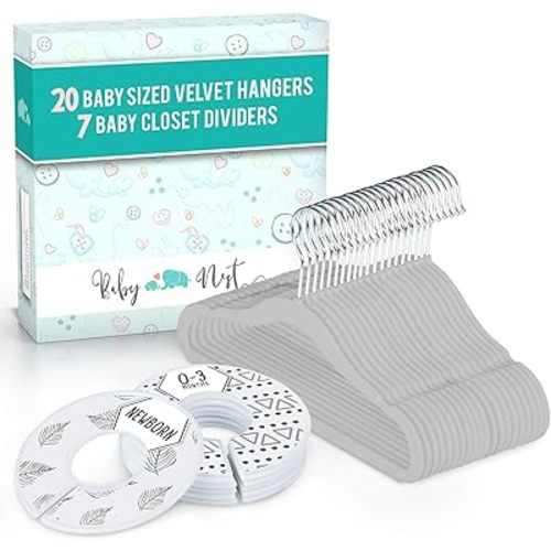 Baby Nest Designs 20x Baby Hangers for Closet with 7X Baby Closet Dividers for Nursery Velvet Baby Clothes Hangers Unisex Newborn Essentials Baby Size Organizer for Infant Clothing to 24 Months