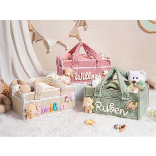 Custom Plush Baby Storage Basket, Personalized Name Diaper Caddy, Storage Basket with Partitions, Nursery Organizer, Newborn Welcome Gift