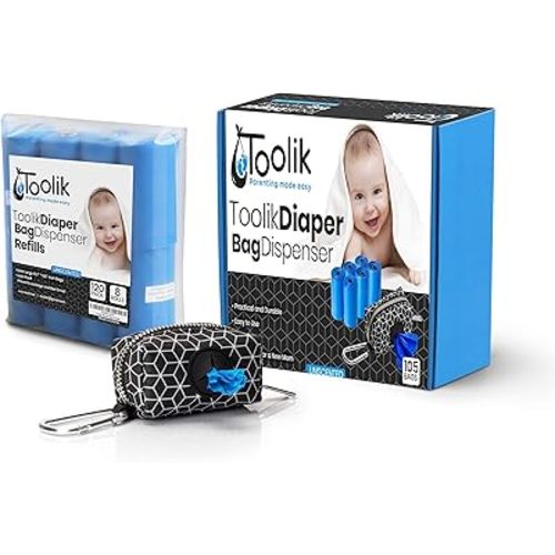 Toolik Diaper Bag Dispenser with 225 Disposable Unscented Waste Bags (15 Refill Rolls) for Baby and Toddler Poop or Dirty Clothes, Essential for Travel and Quick Change on The Go, Bundle