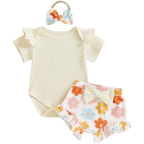 Newborn Infant Baby Girl Summer Clothes Rib Frill Short Sleeve Romper Elastic Waist Shorts Headband 3Pcs Outfits Set