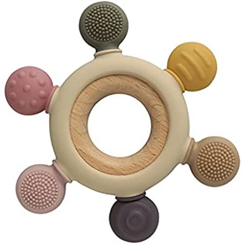 Arudyo Baby Teething Toys Silicone Teethers BPA Free Silicone Rudder with Wooden Ring Soothe Babies Gums (Khaki)