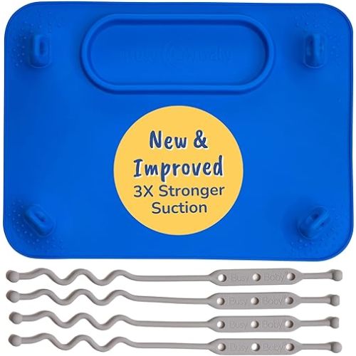 BUSY BABY Silicone Mat - New and Improved Suction Cups, 4 Straps to Secure Baby Essentials, Self Feeding, Baby Led Weaning, Travel Sleeve Included (Blue)