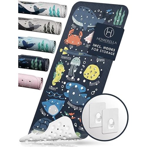 Homerella Baby Bath Tub Mat | Anti Mold Mildew Resistant Non Slip Kids and Adult Bath Tub Shower Mats | 40x16 inch Long with Suction Cups for Secure Grip Hooks for Storage & Drying | Machine Washable