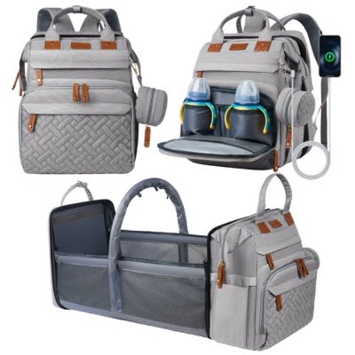 Babyomi Diaper Bag Backpack, Large Backpack Diaper Bag with Foldable Crib and USB Charging Port, Travel Backpack Changing Station for Babys, Grey