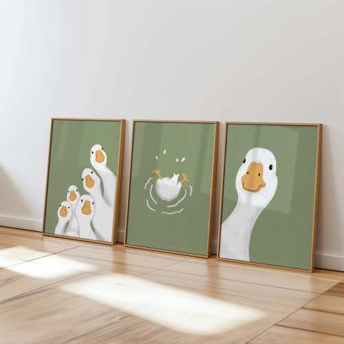 Cute Duck Digital Art Print Set - Playful Sage Green Wall Art for Kids, Nursery Decor, Animal Lover Printable, Fun Duck Themed Home Wall Art