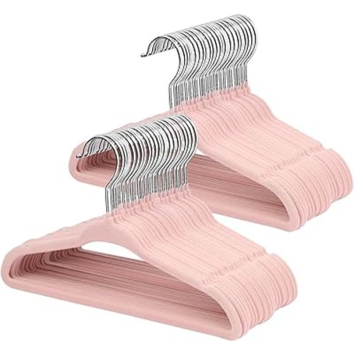 ManGotree 11" Baby Velvet Hangers, Non-Slip Infant Coat Hangers, Ultra-Thin Toddler Felt Hanger with 360° Swivel Hook, Space Saving Children's Hanger for Kids Clothes, 48 Pack (Light Pink)