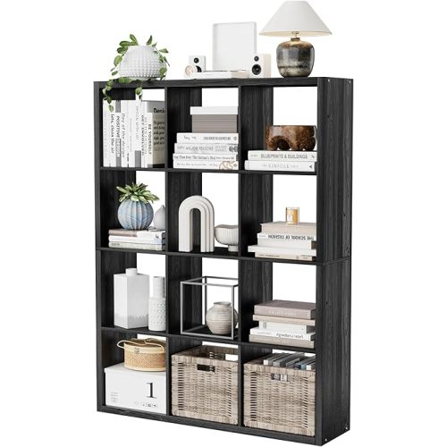 12-Cube Storage Organizer, Wooden Cube Shelf Bookcase with Reinforced Thick Shelves, Heavy-Duty 36.93" L x 9.37" W x 48.82" H, for Living Room Bedroom Home Office, Black
