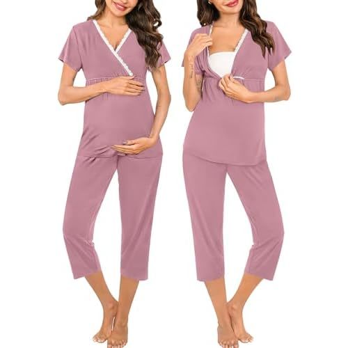 SWOMOG Maternity Nursing Pajamas Set 2 PCS Breastfeeding Sleepwear Short Sleeve Top and Pants Set Pregnancy Pajamas Women