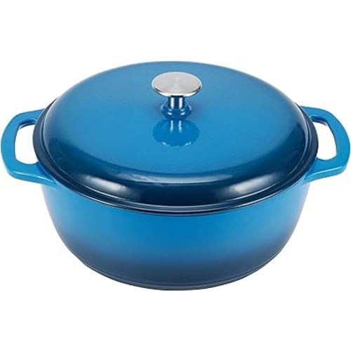 Amazon Basics Cast Iron Dutch Oven Pot with Lid, Enameled, Round, Dual Handles, Heavy-Duty, Large, 7.3-quart, Blue
