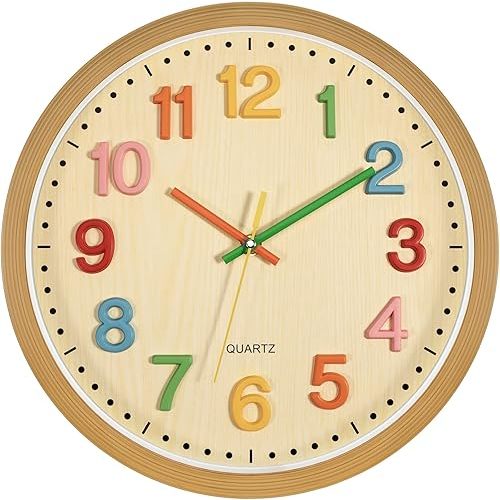 Foxtop Silent Kids Wall Clock Non-Ticking Battery Operated Colorful Childrens Clock for Classroom Playroom Nursery Bedrooms Kids Room (3D Numbers, 12 inch)