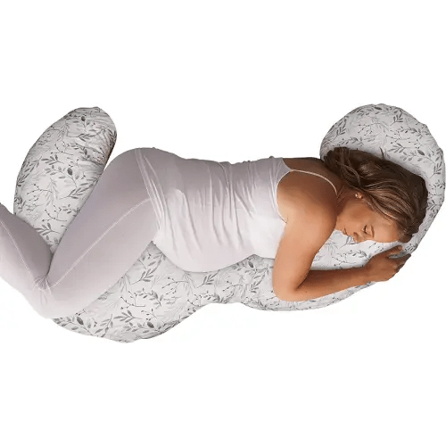 Boppy Total Body Pregnancy Pillow with Easy-on Removable Pillow Cover in Gray Scattered Leaves for Full-body Support for Pregnancy and Postpartum Positioning