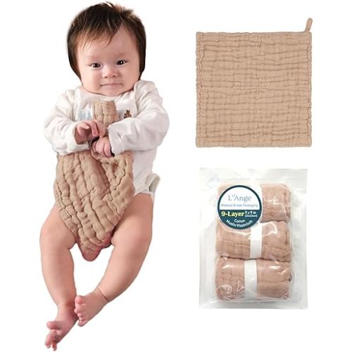 L'Ange Baby Washcloths and Burp Cloths Set - 3 Pack of 9 Layer 100% Cotton Muslin for Sensitive Skin - Super Absorbent - Medical Grade Packaging for Infants Newborns and Toddlers- 9x9 - Khaki