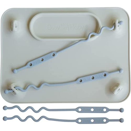 BUSY BABY Silicone Placemat - Built-in Suction Cups - 4 Toy Tethers for Babies Toddlers and Kids - Food Grade Silicone - 8.5 x 11.5 in - Comes with Travel Sleeve - Dishwasher Safe - Tan