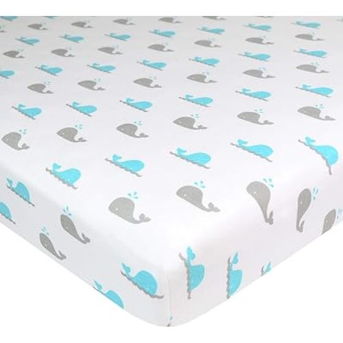 TL Care Fitted Mini Crib Sheet 24" x 38", Soft Breathable Neutral 100% Cotton Jersey Portable Sheet, Aqua Whale, for Boys and Girls, Fits Most Pack N Play and Mini Crib Mattresses