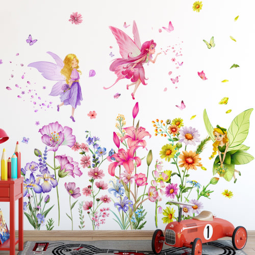 Flower Fairy Wall Stickers Butterfly Girl Wall Decals Removable Vinyl Wall Art Sticker for Girls Baby Nursery Kids Bedroom Living Room Bathroom Wall Decor Mural