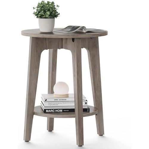 VASAGLE Side Table, Small Round End Table with Lower Shelf, Nightstand for Small Spaces, Living Room, Bedroom, Greige ULET283T02