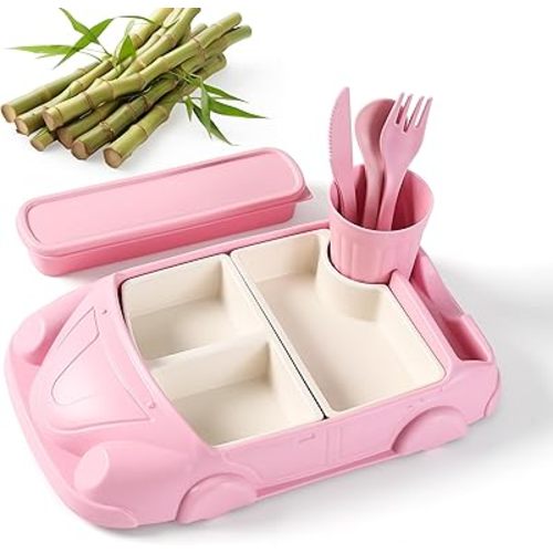 Car Plate 8Pcs/Set Bamboo Children Dinnerware Sets - Dishwasher/Microwave Safe Includes Cutlery, Beautiful Plate, Separable Bowls & Cup Happy MealTime, Pink