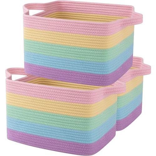 OIAHOMY Storage Basket, Woven Baskets for Storage, Cotton Rope Basket for toys,Towel Baskets for Bathroom - Pack of 3, Rainbow Pastel