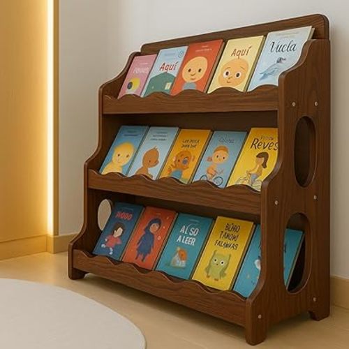 Kids Book Shelf Wooden Montessori Bookshelf Dutch Design 3Tier Scalloped,WalnutWood Pattern