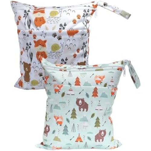 Wet Dry Bags 2 Pack for Baby Cloth Diapers, Waterproof Reusable Bag with Two Zippered Pockets Travel Beach Pool Soiled Baby Items Yoga Gym Bag for Swimsuits or Wet Clothes(Fox,Bear)