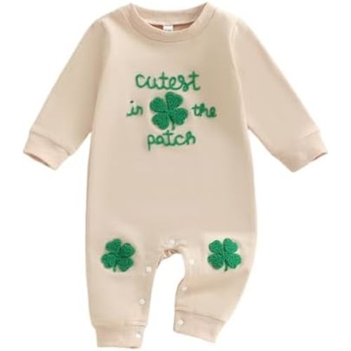 Lamuusaa Newborn Baby Girl Boy St Patricks Day Outfit Four Leaf Clover Embroidery Romper Jumpsuit Spring Outfit
