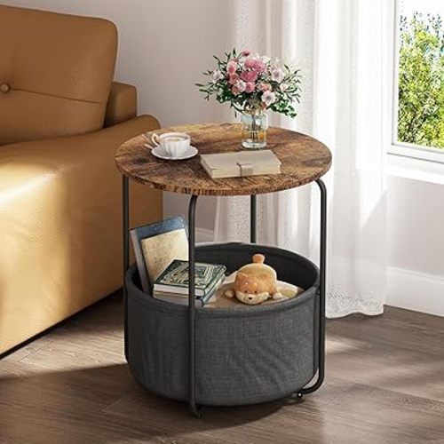 Round End Table, Side Table for Living Room, Small Bedside Table for Small Spaces, Modern Nightstand for Bedroom Nursery with Fabric Storage Basket