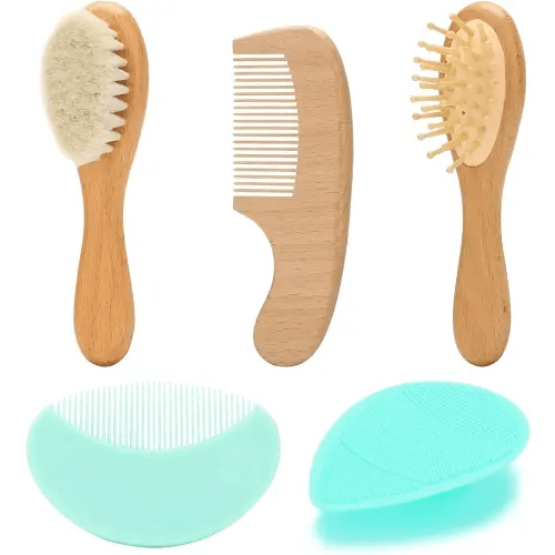 Goat Baby Hair Brush Set, Wooden Comb Massage Scalp Comb, Safe Natural Hair Care Kit, Soft Silicone Bath Brush for Newborns Toddlers (Brush Set+ Green Massager)
