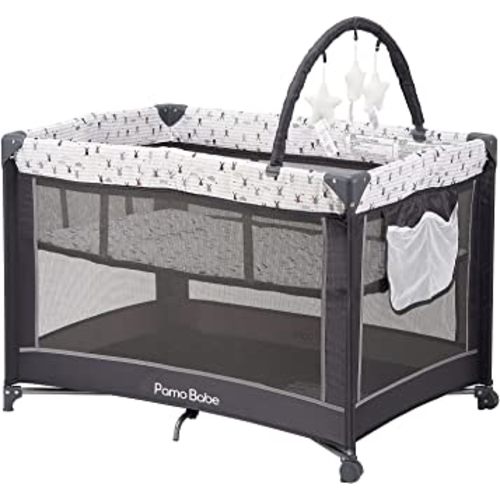 Pamo Babe Portable Playard,Sturdy Play Yard with Padded Mat and Toy bar with Soft Toys (Grey)