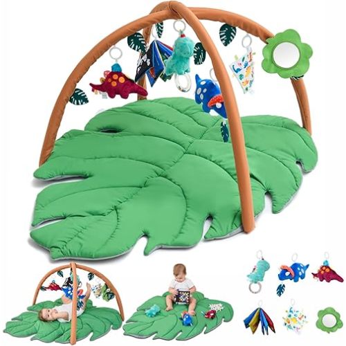 Baby Play Mat & Baby Gym, Large Space Leaf Shaped Baby Tummy Time Play Mat Baby Activity Mat with 6 Detachable Dinosaur Sensory Toys for Fine Motor Skills, Early Cognitive Development