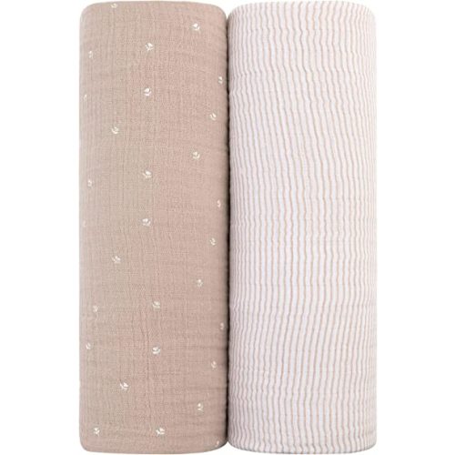 Ely's & Co. Muslin Swaddle Blanket 2-Pack — 100% Cotton Muslin Extra-Large Swaddle Blankets (47” x 47”) White Tulip on Pink + Stripes