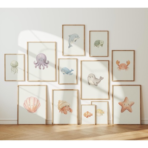 Nursery Ocean Animal Prints Set of 12: Pastel Sea Creatures Wall Art (Digital Download) 201