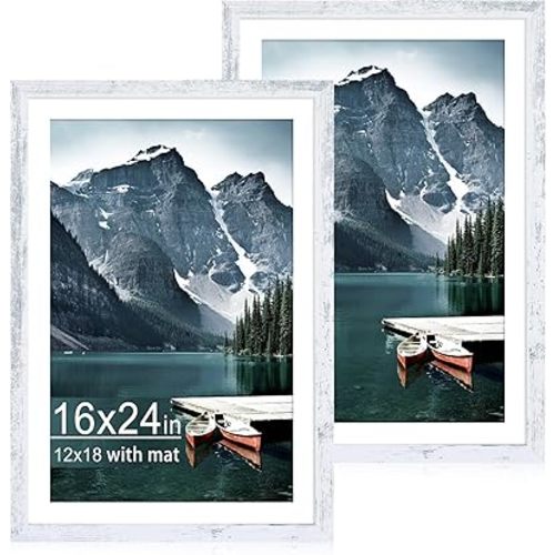 16x24 Picture Frame Set of 2 with Plexiglass, Distressed White Poster Frame Display Picture 12x18 with Mat or 16 x 24 Without Mat, Wood Photo Frame for Wall Mounting