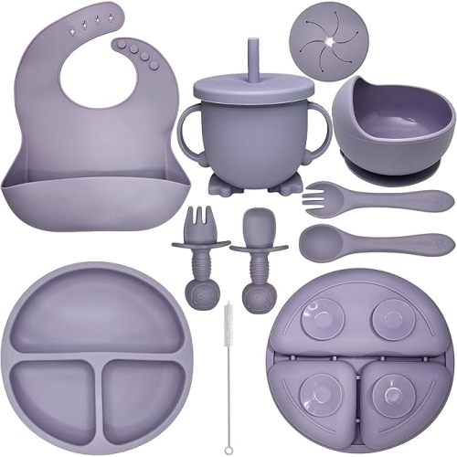 HippoBaby Baby Led Weaning Supplies | 10 Piece Silicone Feeding Set | Baby Toddler Bib Cup Divided Plate and Bowl Self Feeding Spoons Dish Set | Baby Utensils | Toddler Feeding Supplies (Lavender)