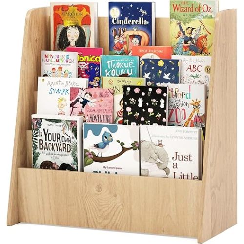 HONEY JOY Kids Bookshelf, 4-Tier Wooden Toddler Bookcase, Children Book Rack & Magazine Display Shelf, Toy Storage Organizer, Book Shelf for Kids Rooms, Playroom, Nursery, Classroom (Natural)