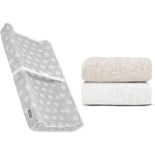 Soft Changing Pad (Gray) + Washable Cover and Changing Pad Covers 2 Pack (Off-White & Oatmilk - Wave) Jool Baby