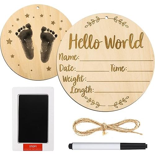 Baby Announcement Sign, 5.9 Inch Round Baby Nursery Name Signs with Ink Pad for Baby Hand and Footprints Wooden Hello World Newborn Sign for Photo Prop