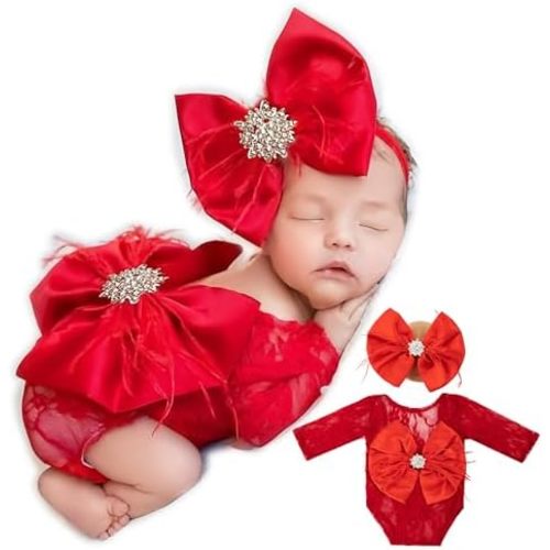 Zeroest Newborn Photography Props, Infant Girl Photoshoot Lace Romper & Bow Headband Outfit, Baby Photo Props for Newborns