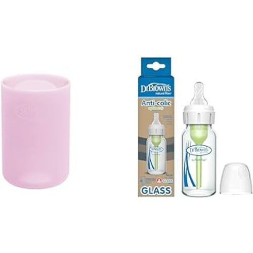 Dr. Brown's Natural Flow Options+ Glass Baby Bottles, Silicone Sleeves, Anti-Colic Narrow 4 oz Bottle, Level 1 Slow Flow Nipple